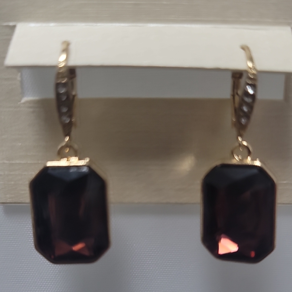 Tahari Gold-Tone Dark Burgundy Emerald-Cut Crystal Drop Earrings - Picture 9 of 11